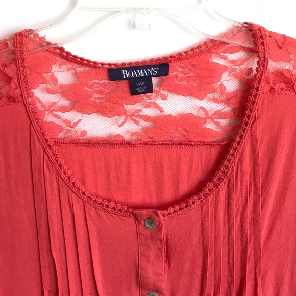 ROAMANS Lace Embroidered Tunic Babydoll Rayon Coral Women’s Plus Size 14W 1X - Picture 2 of 16